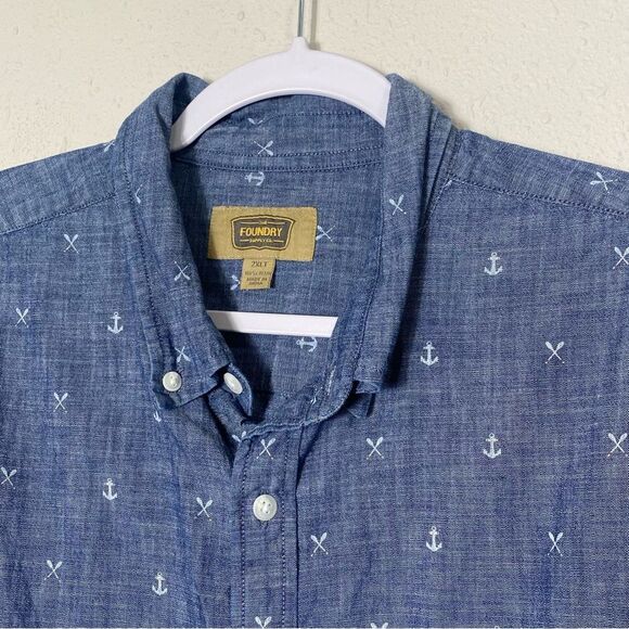 The Foundry Supply Co. Blue Cotton Short Sleeve Embroidered Button Up Men's 2XLT - Picture 8 of 13